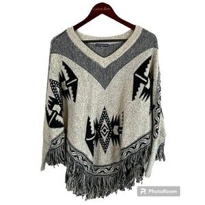 Hot And Delicious Women Cream Black OS Poncho Aztec Sweater Southwestern Fringe